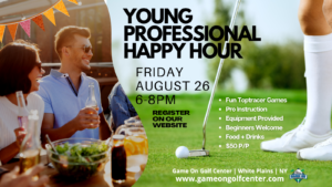 Young Professionals Happy Hour event on August 26 with food, drinks, and games.