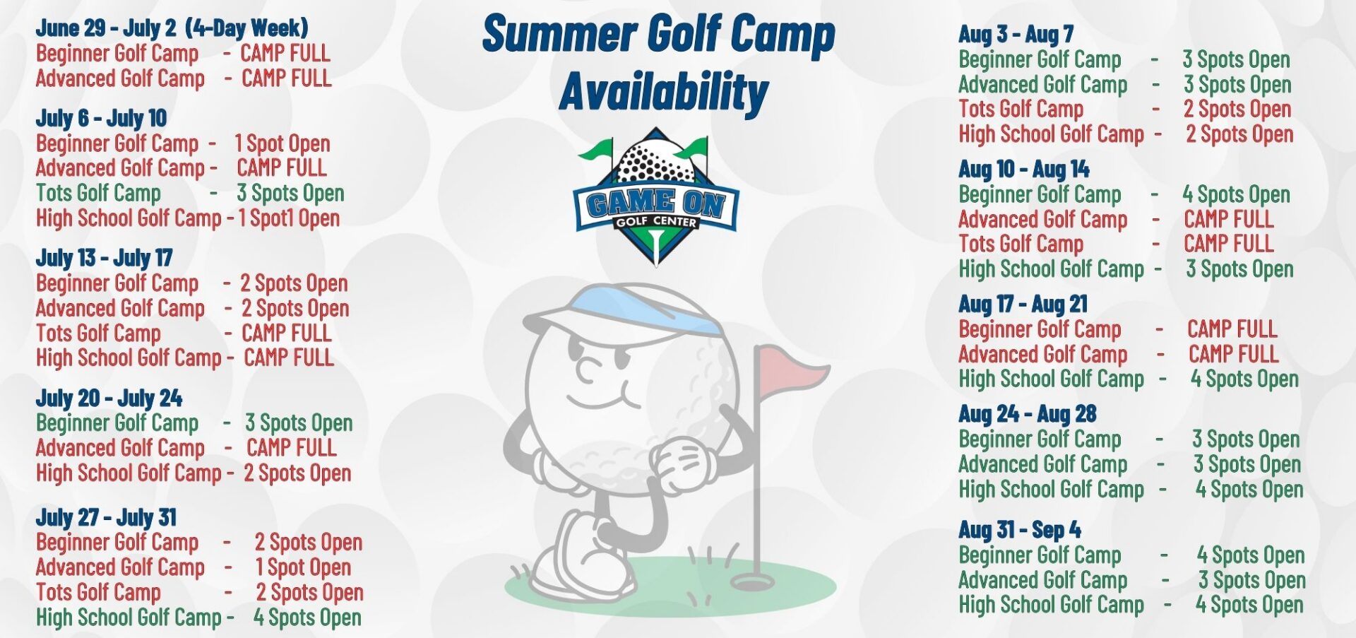 Summer golf camp availability schedule with mascot