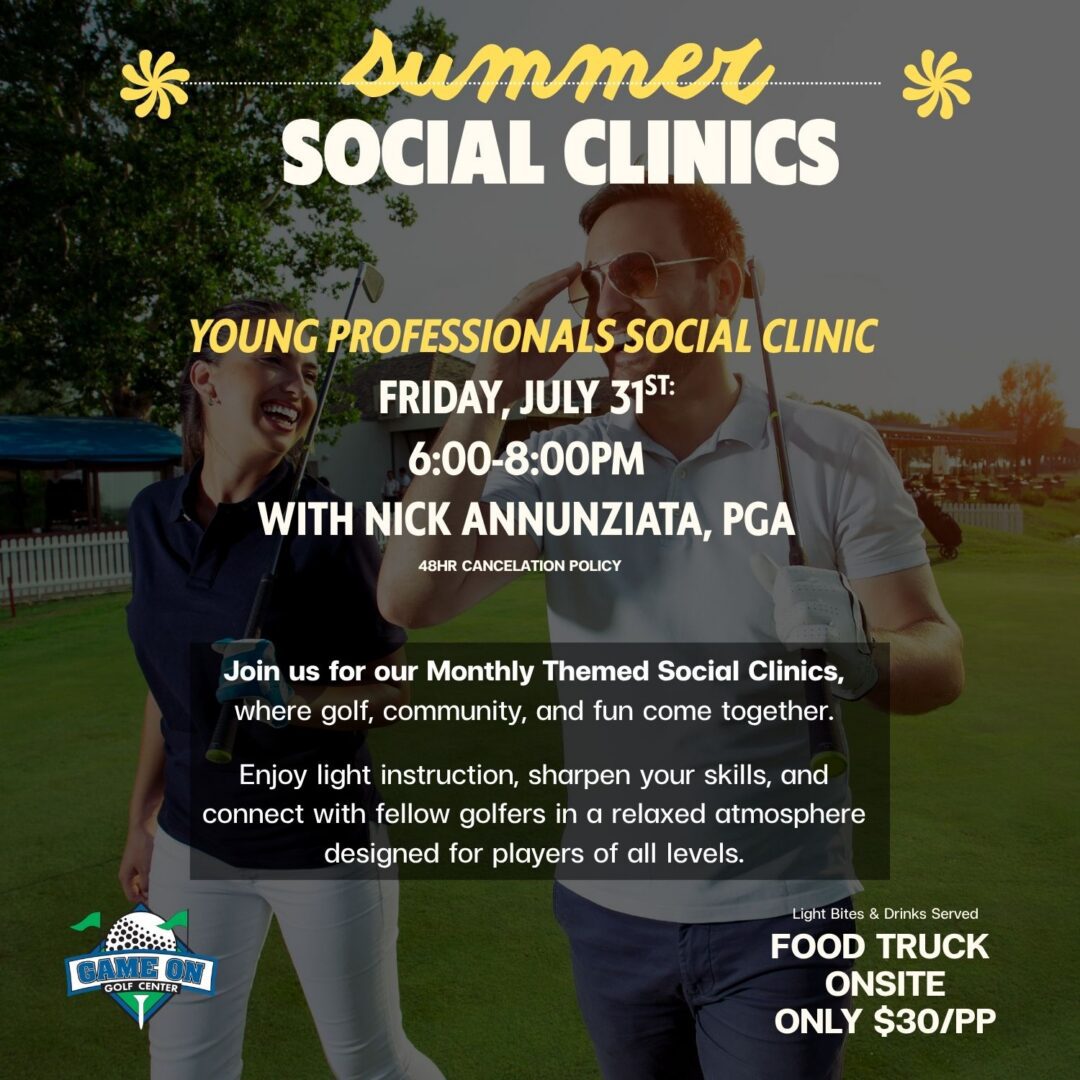 Smiling golfers on a summer clinic poster